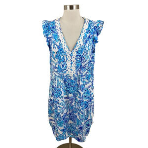 Lilly Pulitzer Blue Pleated V Neck Shift Dress Size M Beachy Coastal